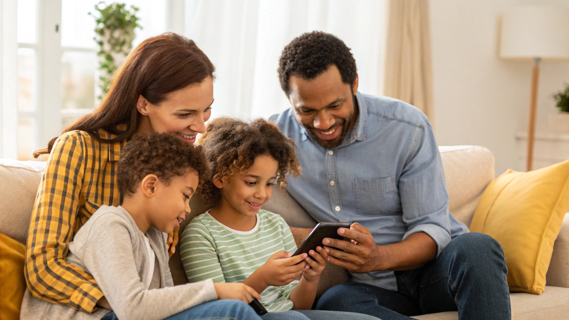 Родитель и ребёнок вместе смотрят статистику экранного времени на смартфоне