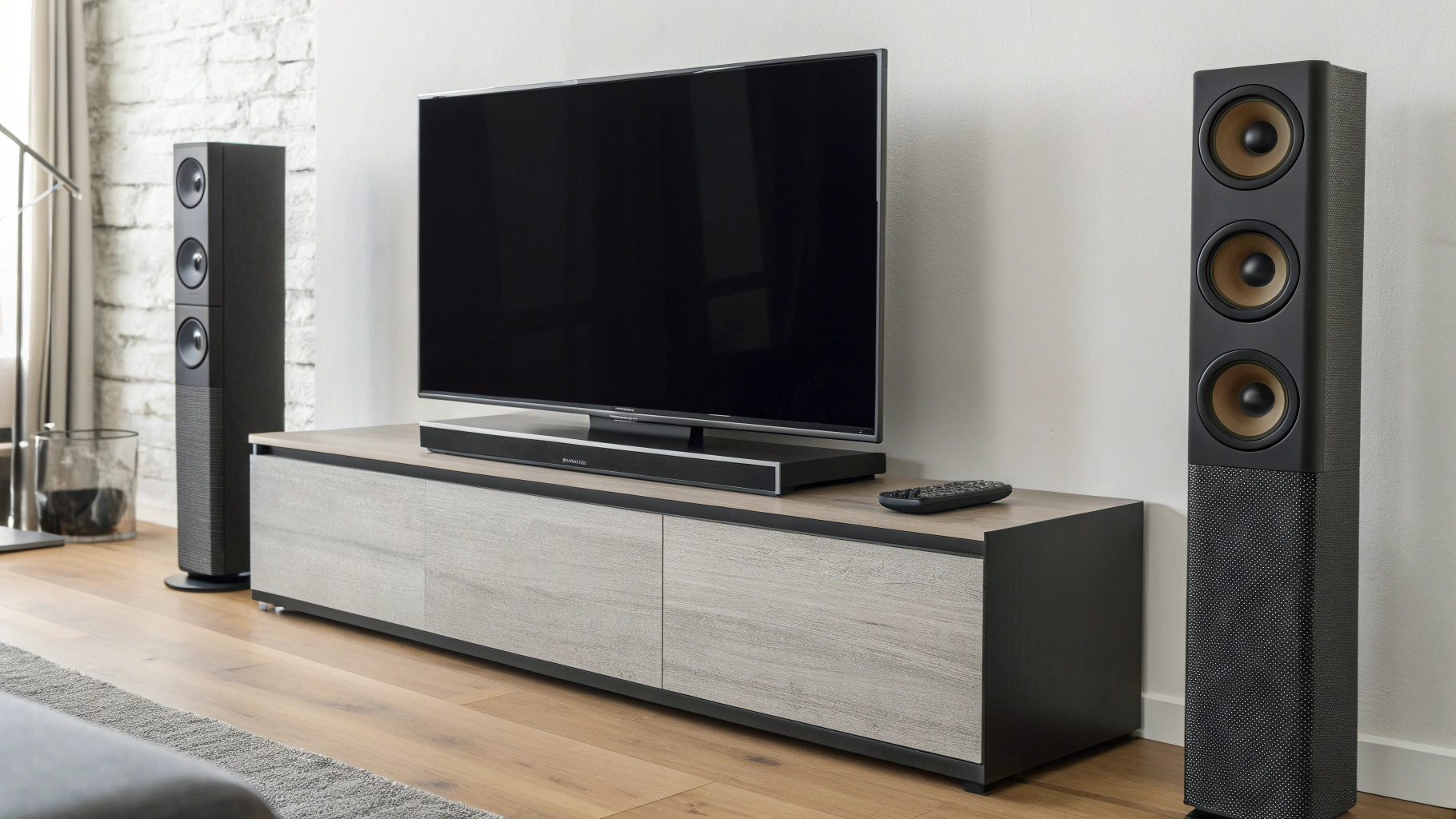 Телевизор в квартире с саундбаром под экраном и башенными колонками по бокам
