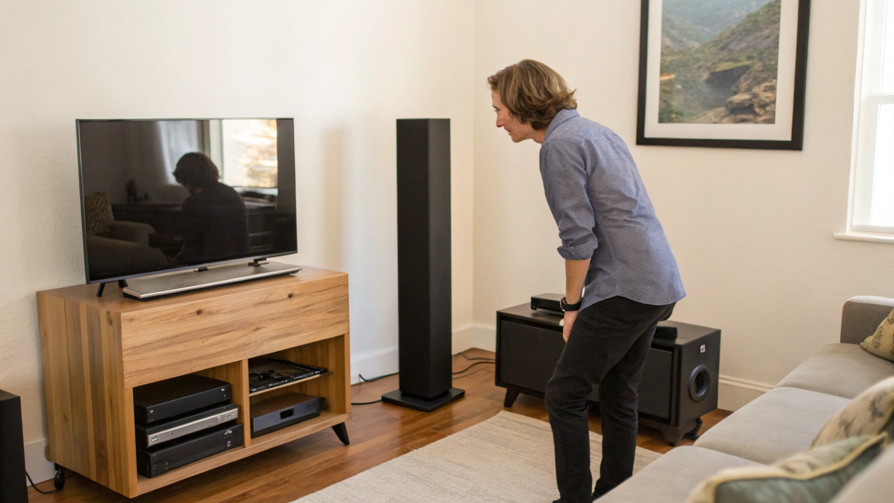 Человек планирует размещение саундбара и башенных колонок в небольшой гостиной