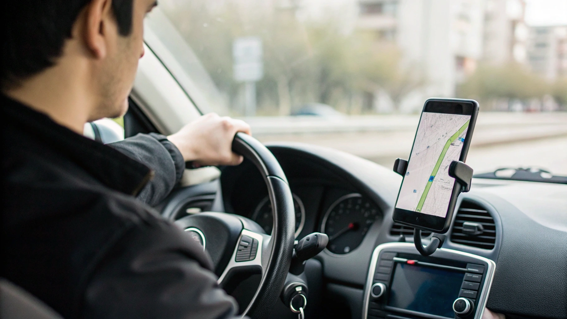 Смартфон в держателе в машине с запущенной навигацией и приложением такси