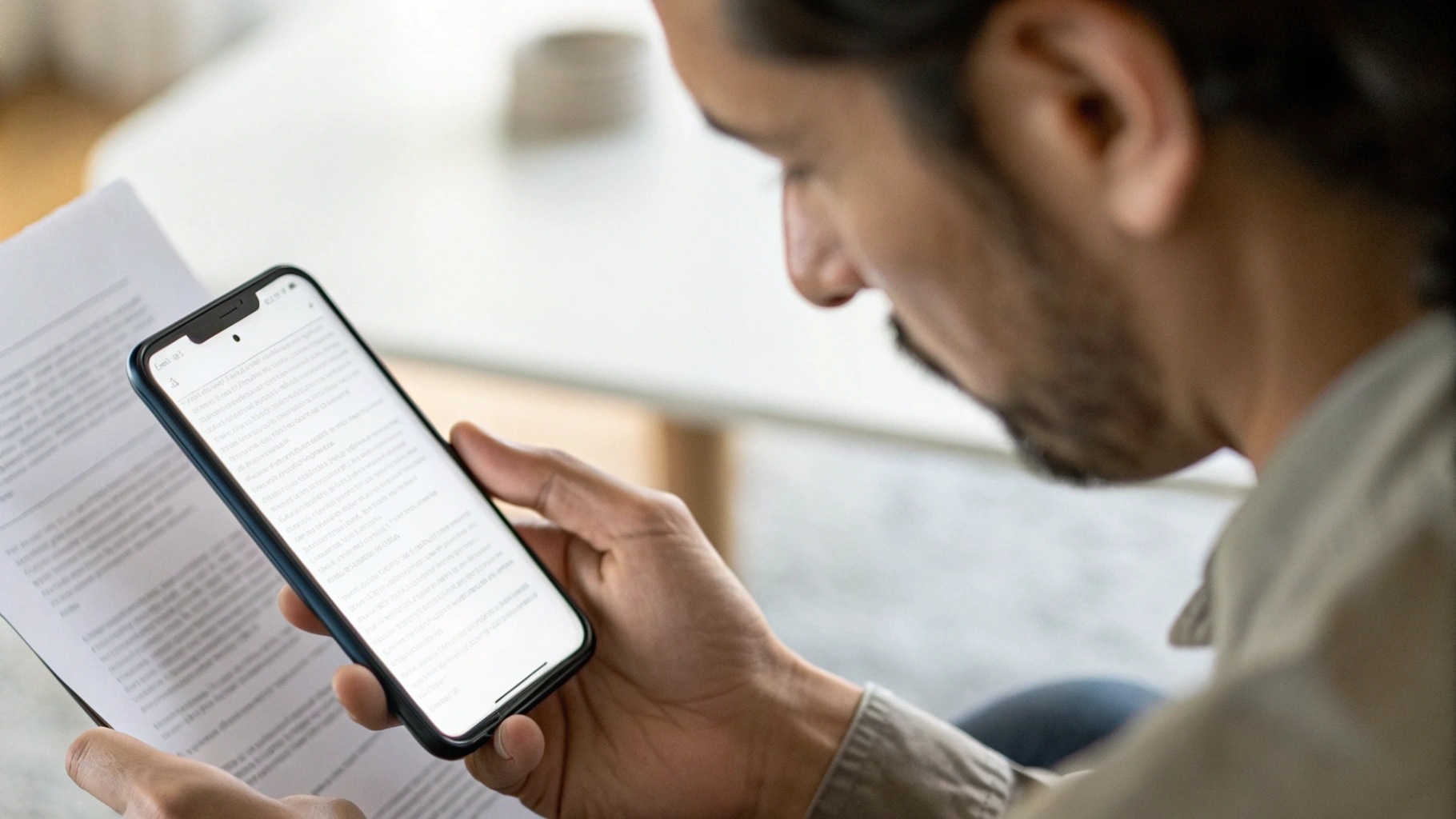 Покупатель внимательно изучает договор и график платежей по рассрочке на смартфон