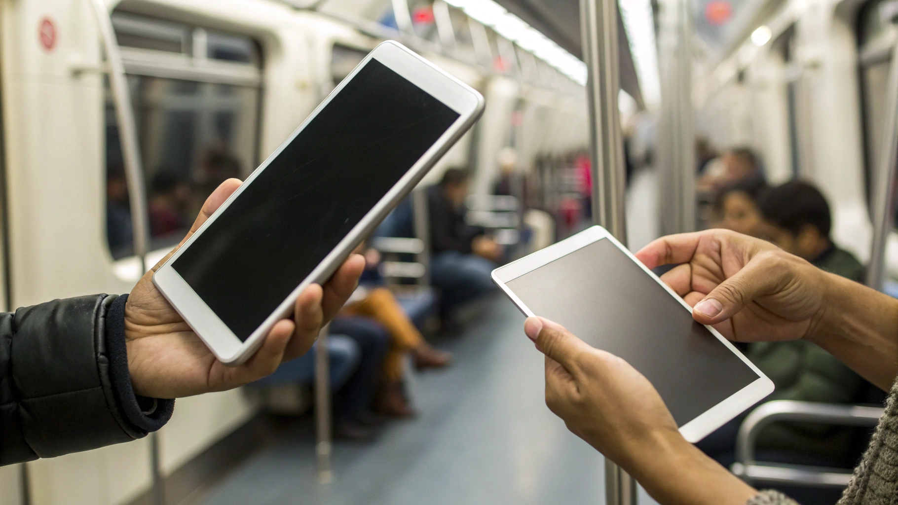Сравнение большого смартфона и компактного планшета в руках пассажира метро
