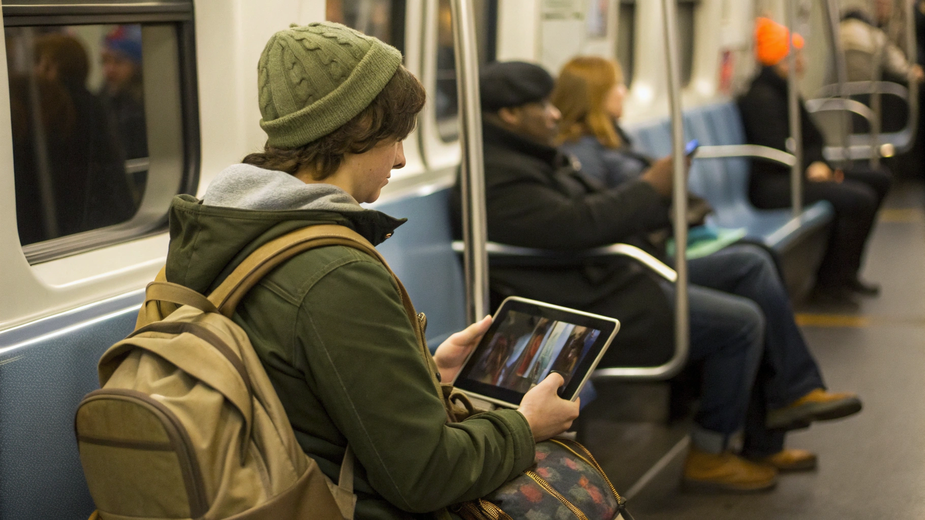 Пассажир в метро смотрит видео на компактном планшете рядом с человеком со смартфоном