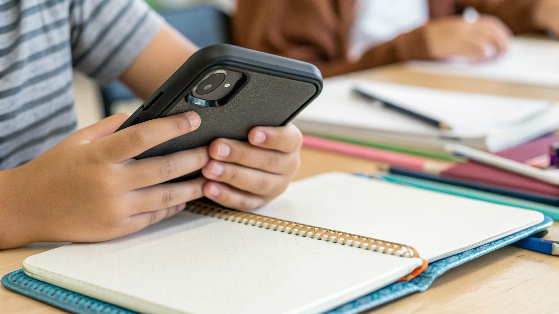 Руки школьника со смартфоном в противоударном чехле над школьной партой