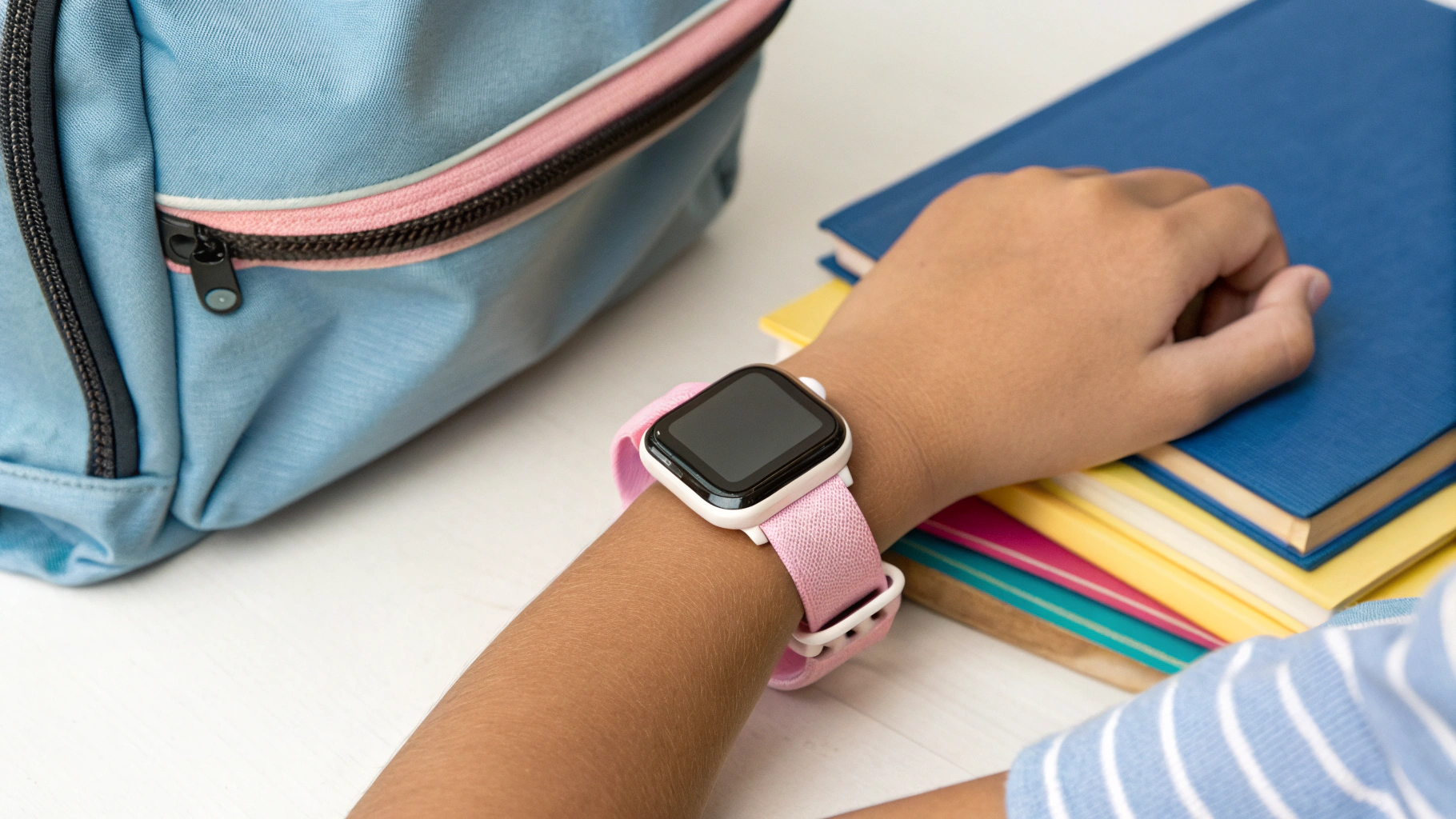 Детские смарт‑часы с мягким ремешком на запястье школьника рядом с рюкзаком и учебниками
