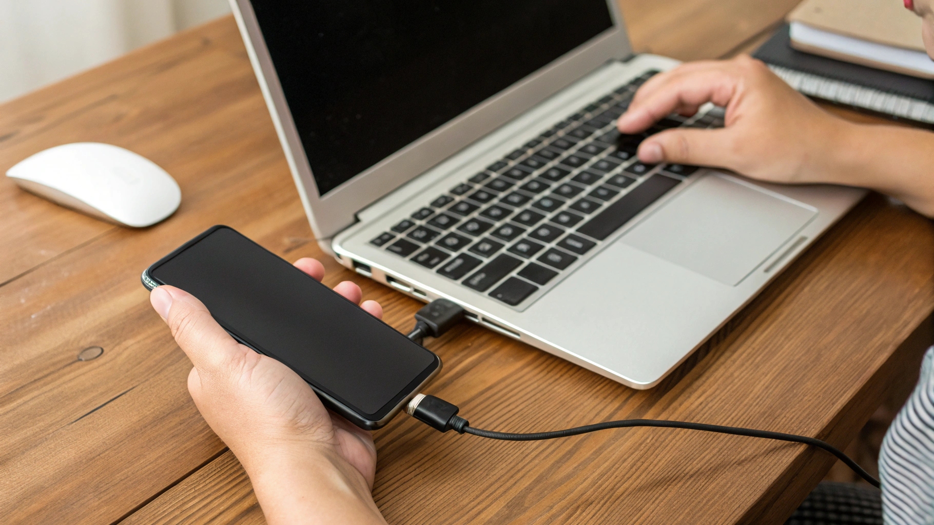 Пользователь делает бэкап данных Android‑смартфона на ноутбук перед обновлением системы