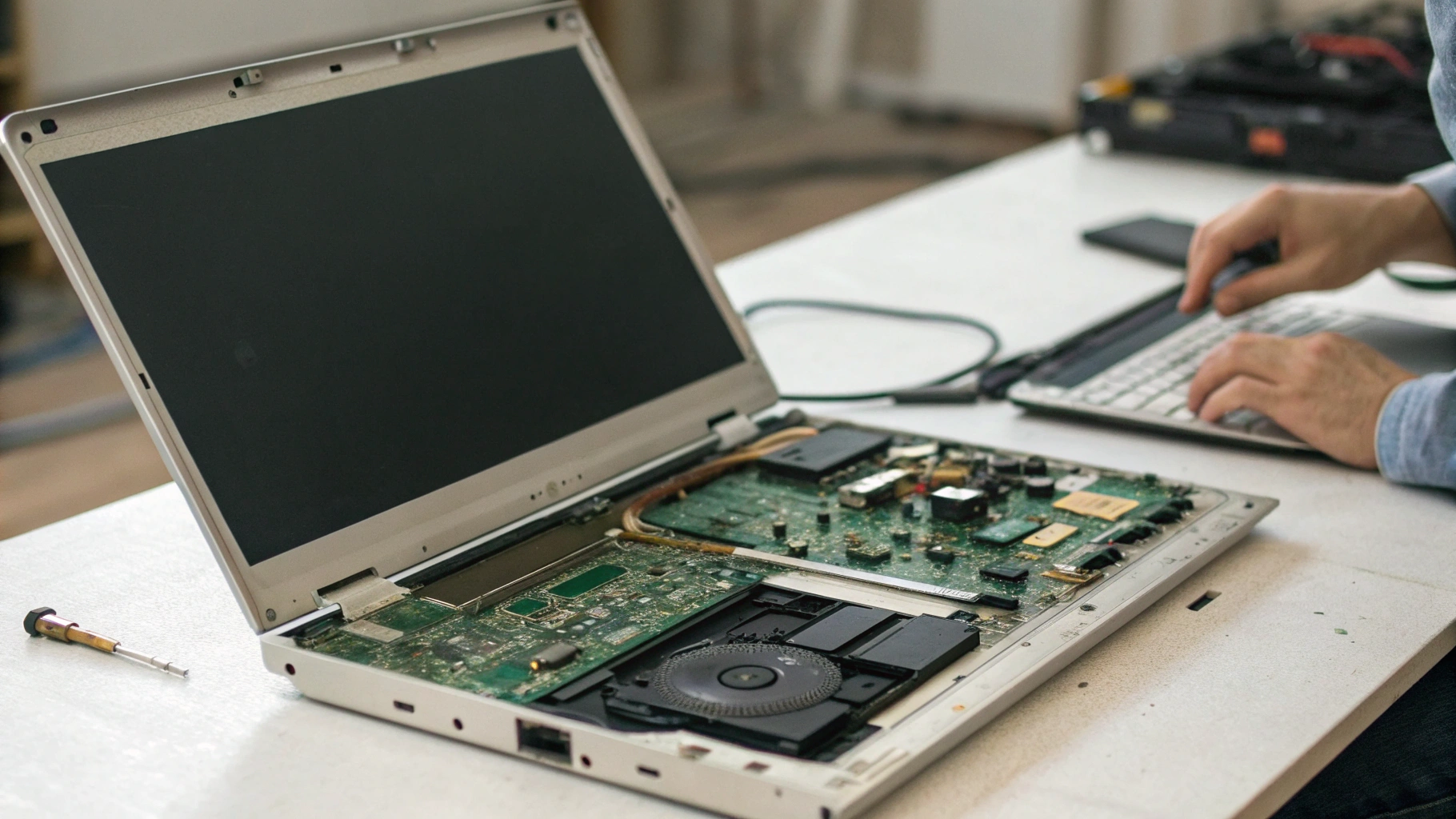 Пользователь проверяет состояние старого ноутбука на столе перед настройкой