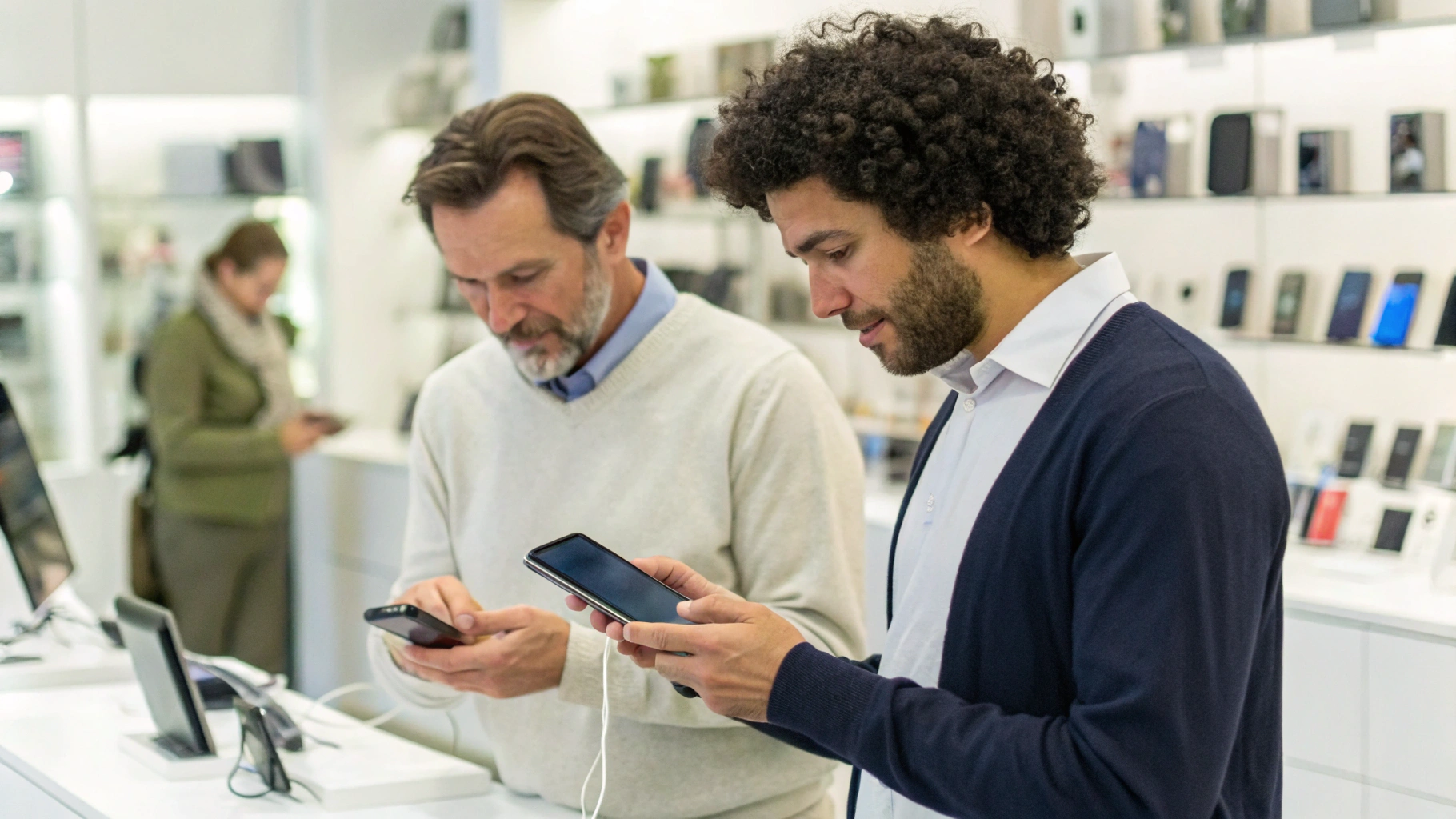 Покупатель в магазине сравнивает виброотклик разных Android‑смартфонов