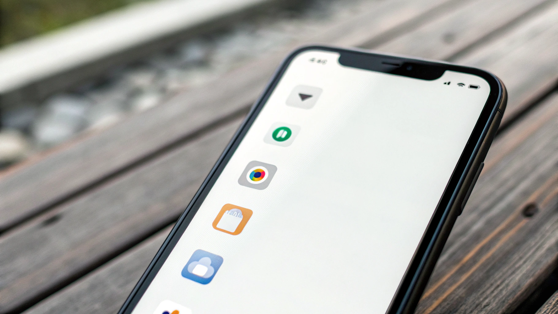Минималистичный главный экран смартфона с несколькими иконками и аккуратными виджетами