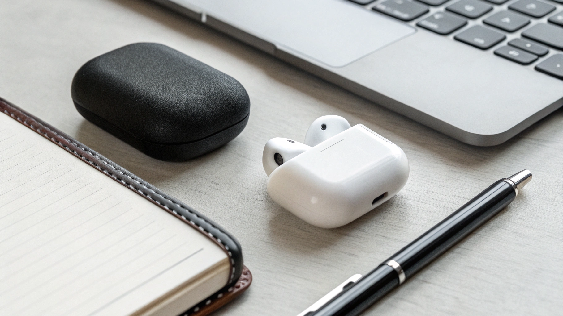 Футляры AirPods и Galaxy Buds рядом на столе возле блокнота