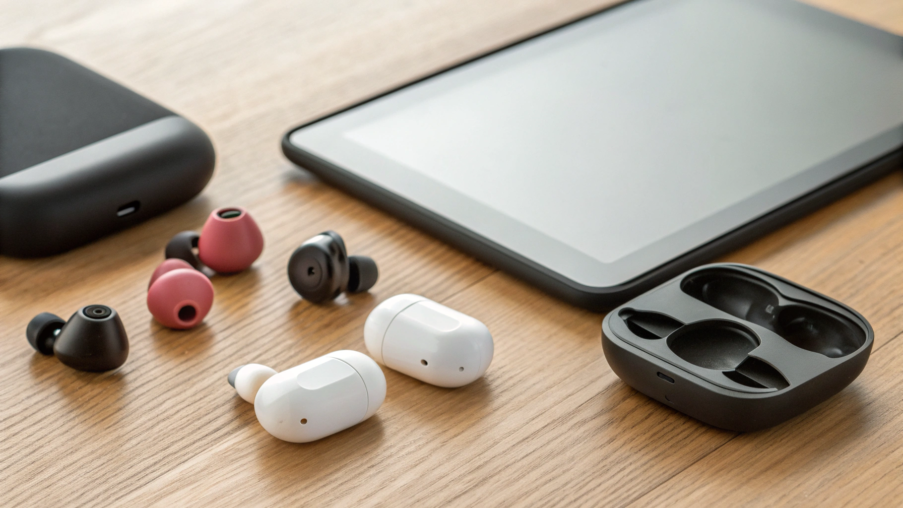 Несколько недорогих TWS‑наушников рядом с планшетом с открытым видеозвонком