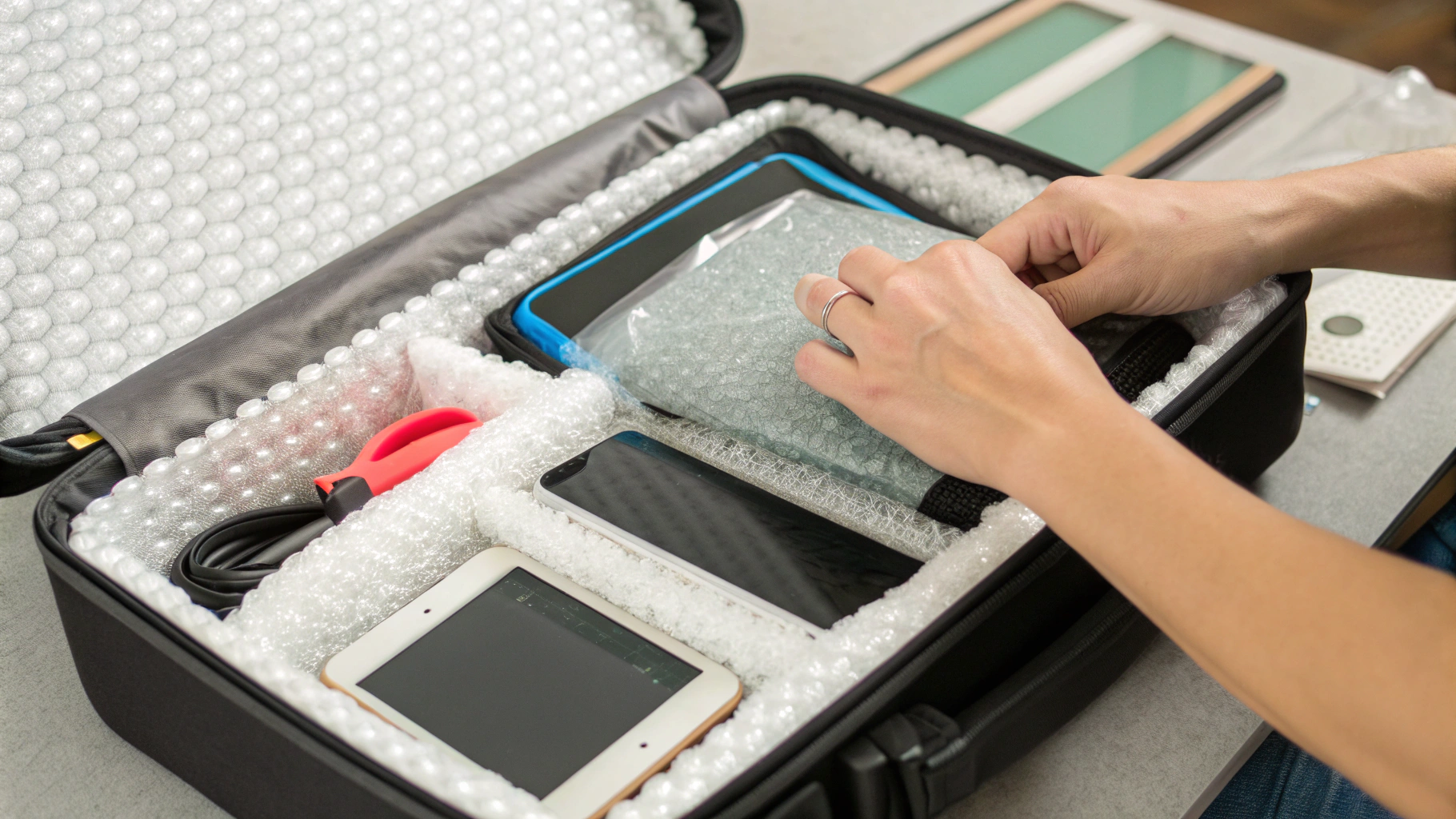 Человек упаковывает смартфоны и планшеты в защитный чехол с пупырчатой пленкой