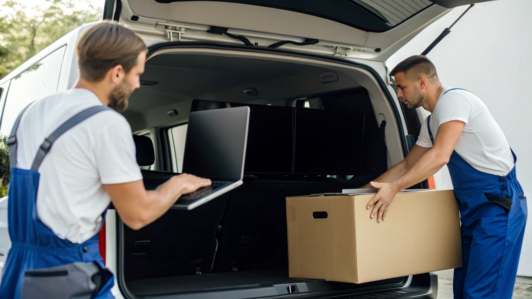 Грузчики аккуратно загружают телевизор и коробки с ноутбуками в машину в вертикальном положении