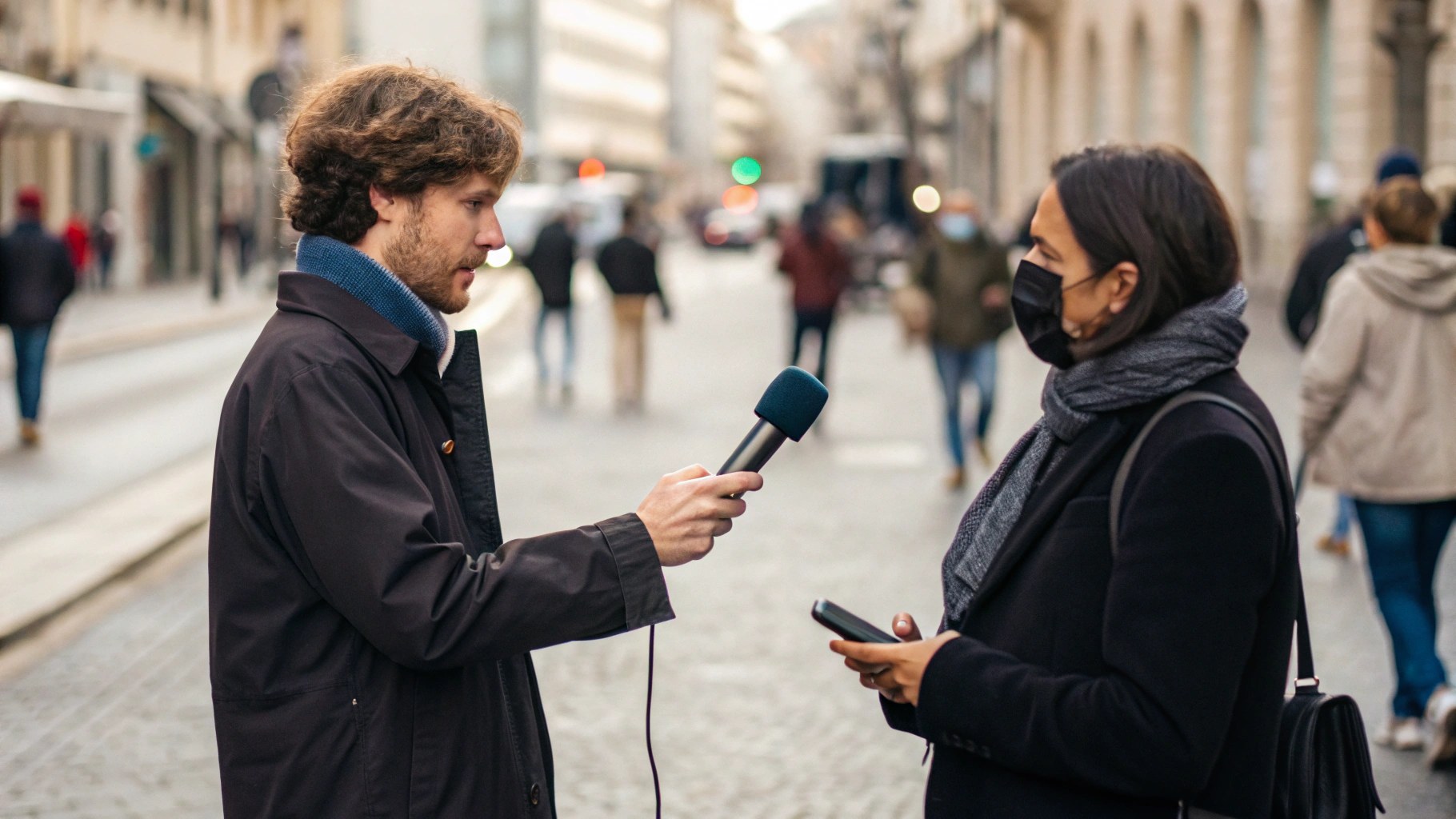 Журналист записывает интервью на смартфон с подключённой петличкой