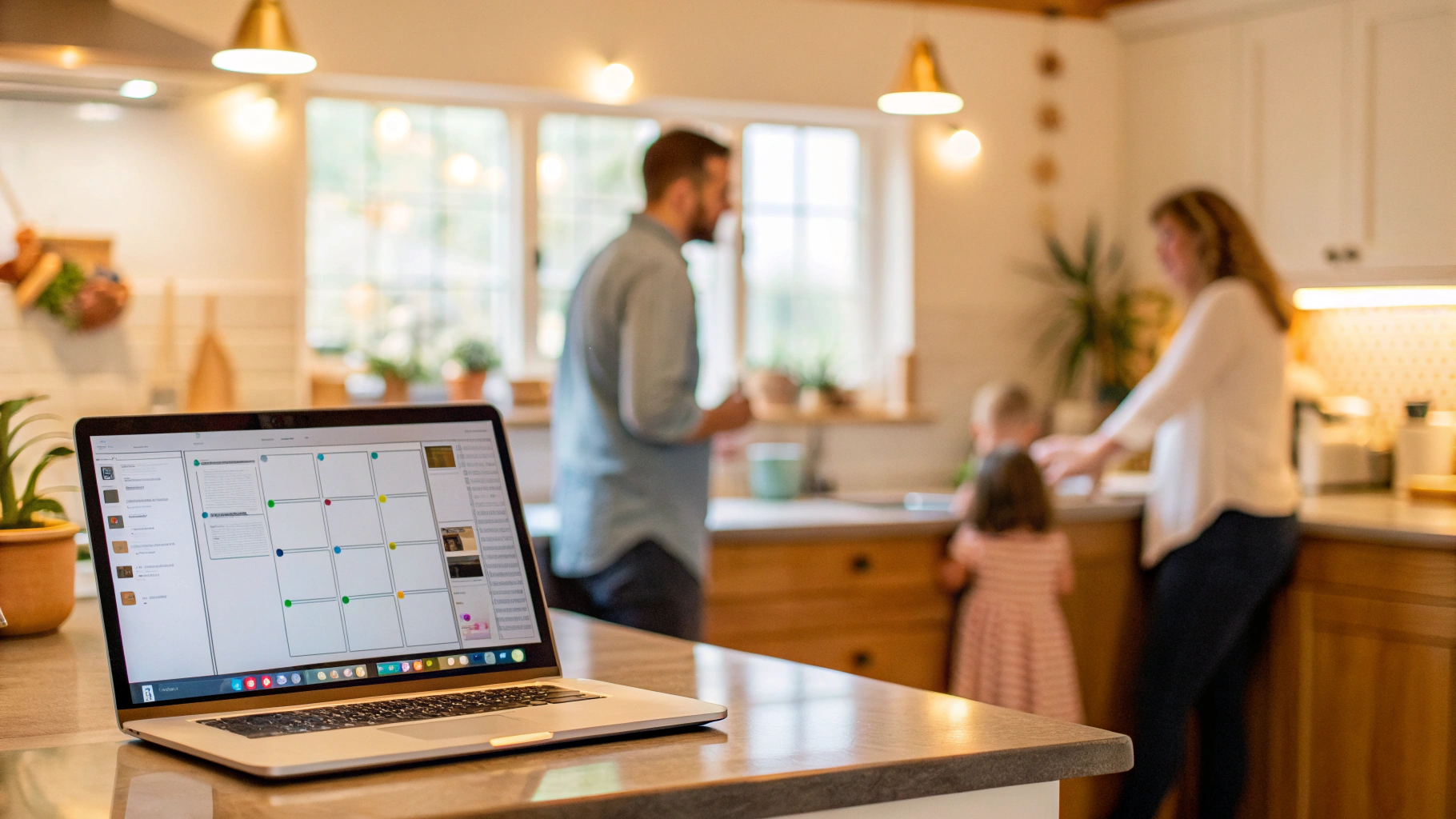Ноутбук на кухне с открытой семейной доской задач на экране
