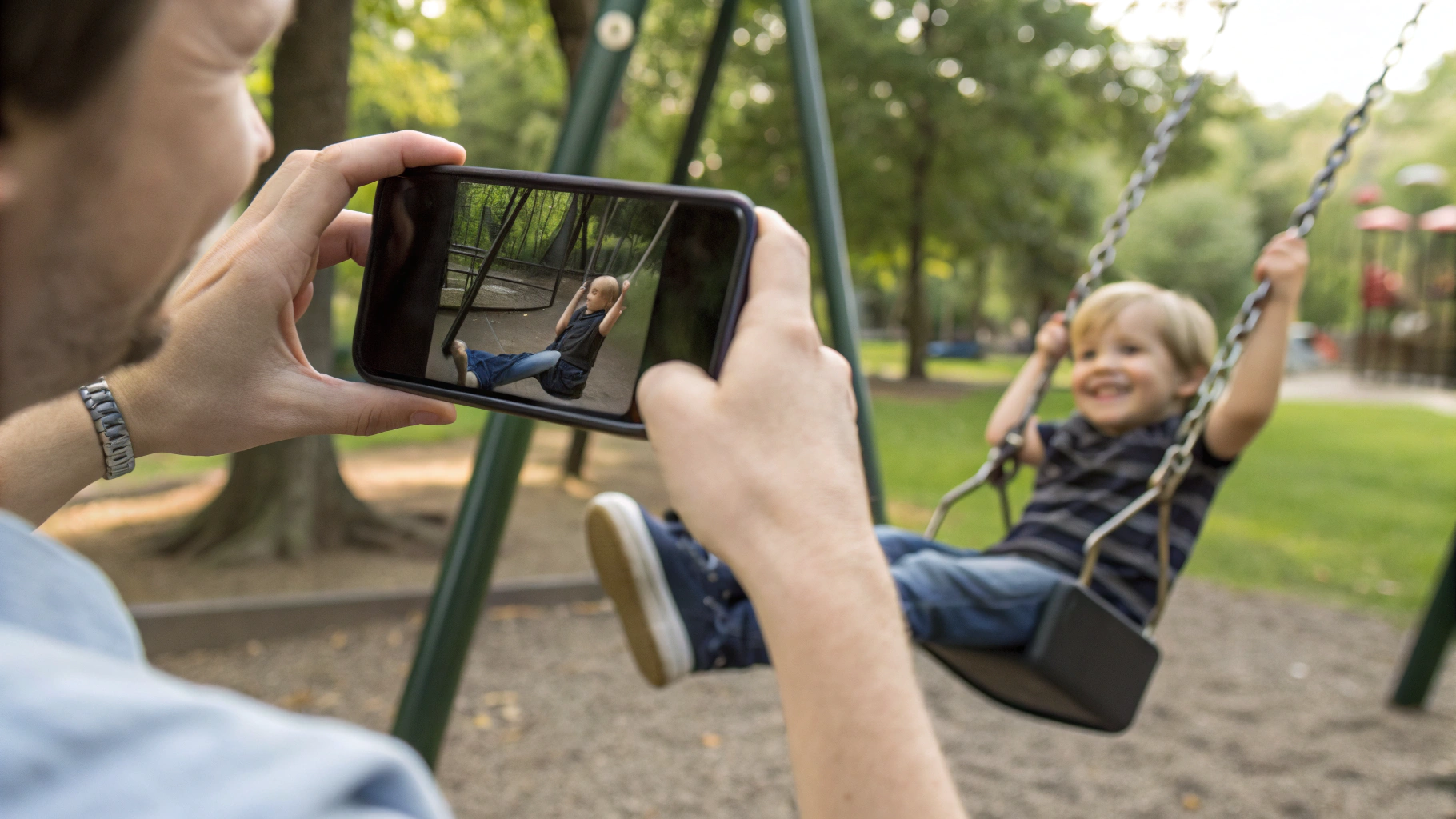 Родитель снимает ребёнка на качелях на камеру смартфона
