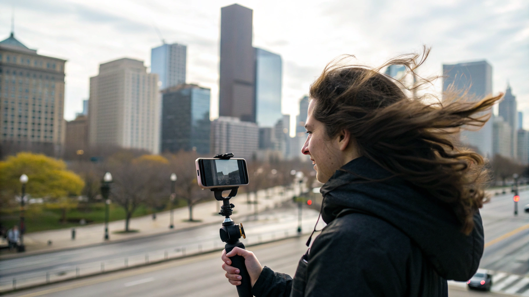 Съёмка влога на смартфон на улице с ветром и городским шумом