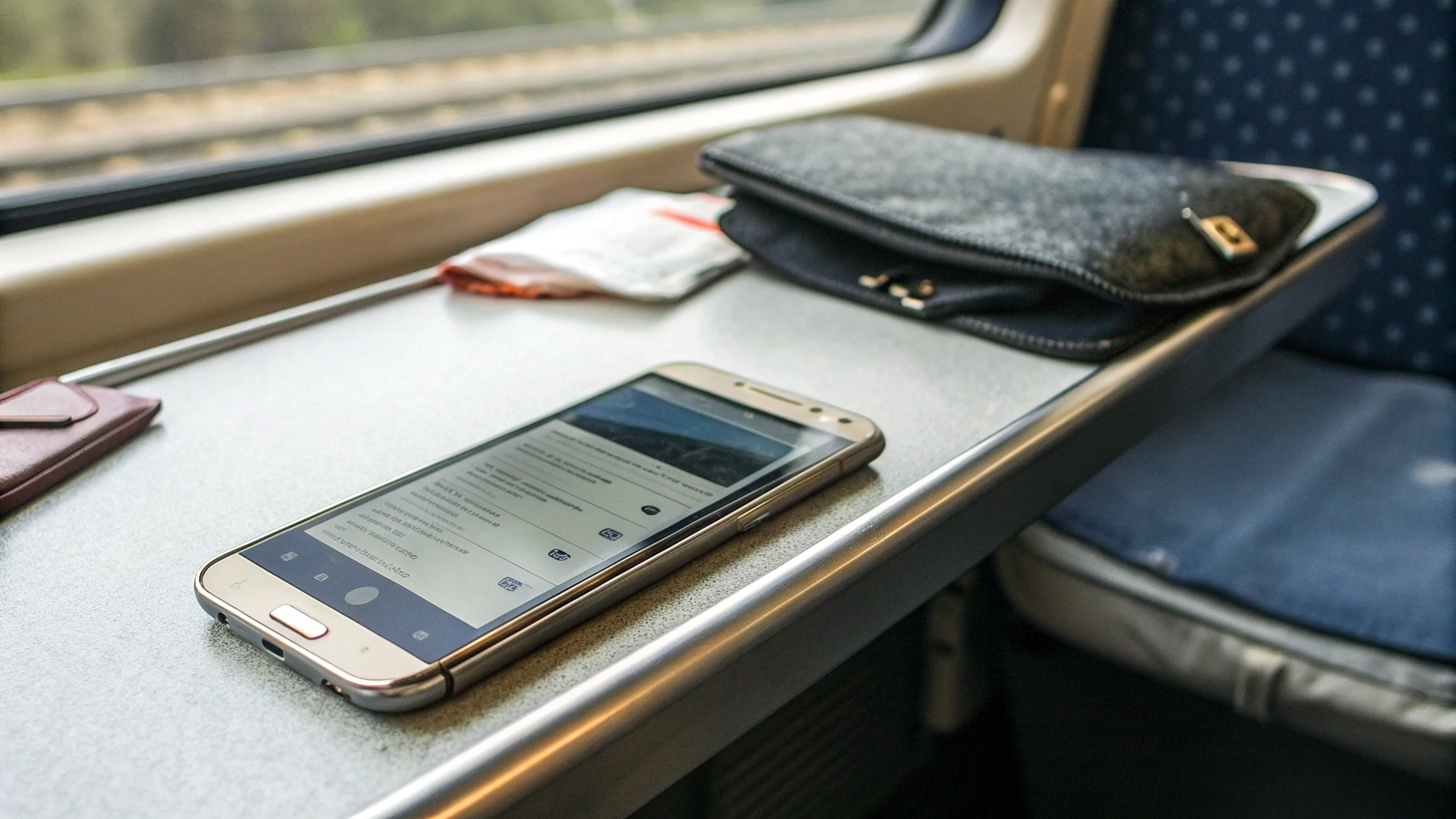 Смартфон Samsung на столике в поезде с открытыми электронными билетами