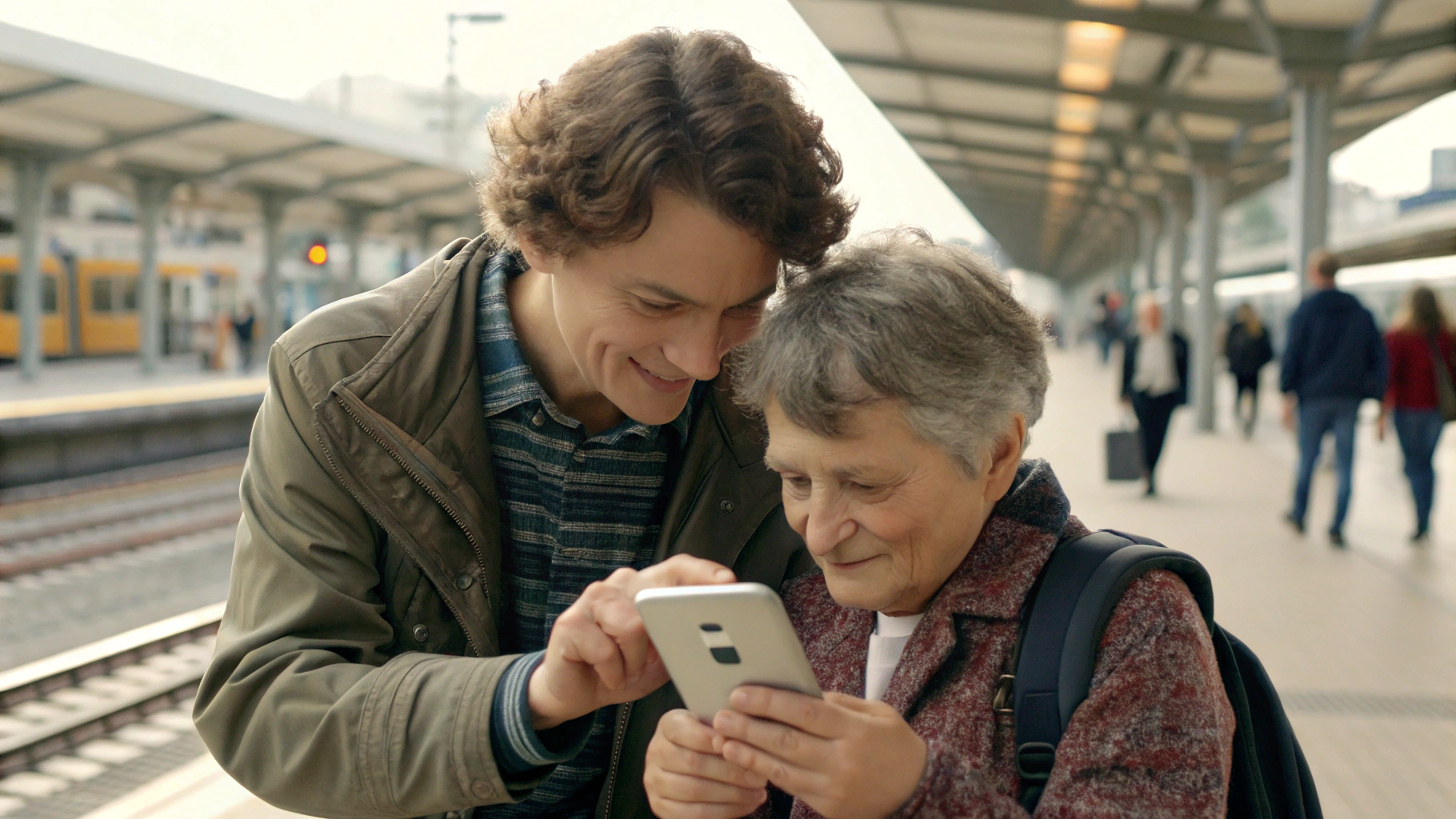 Взрослый ребёнок на вокзале помогает родителю настроить смартфон Samsung перед поездкой