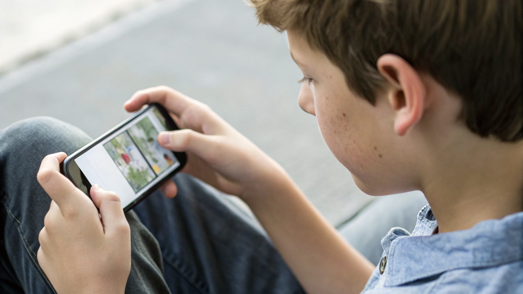 Подросток держит смартфон с открытым учебным тестом на экране