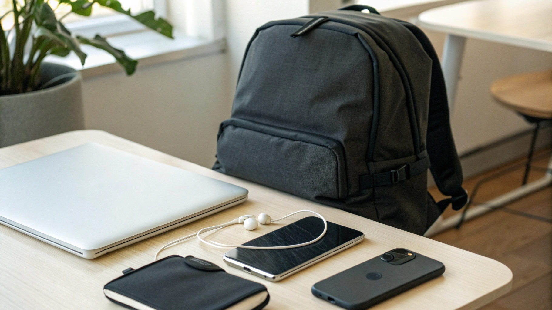 Смартфон для учёбы рядом с зарядкой и чехлом на столе, рядом школьный рюкзак