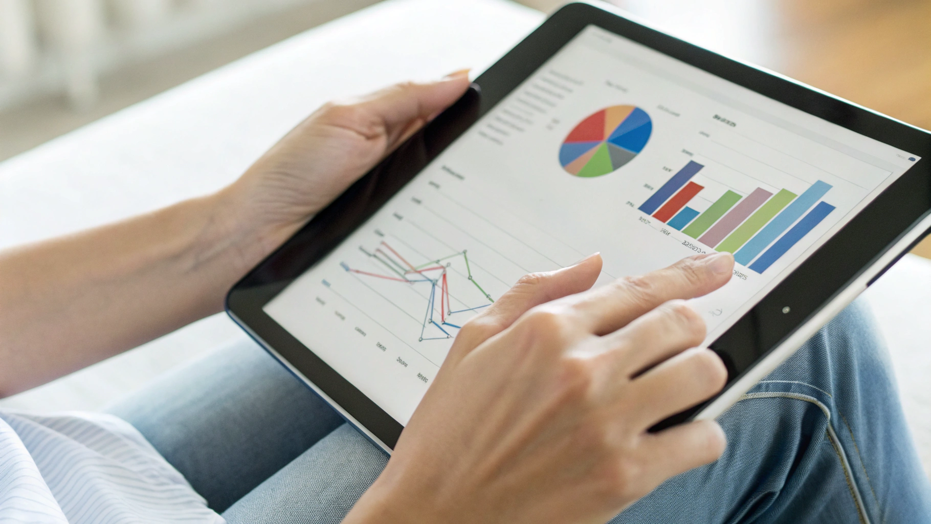 Планшет с приложением для семейного бюджета и диаграммами расходов крупным планом