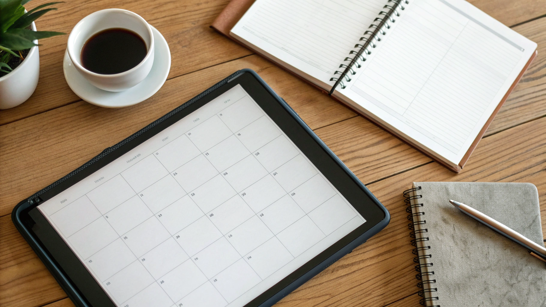 Планшет с таблицей семейного бюджета и календарём платежей на столе