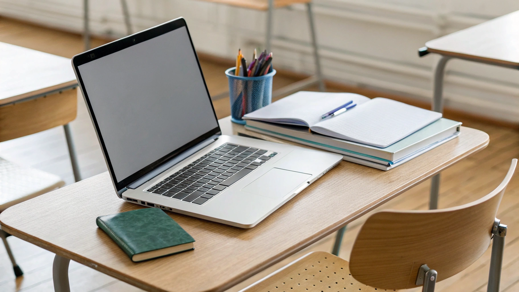 Лёгкий 14‑дюймовый ноутбук на школьной парте рядом с тетрадями и ручками