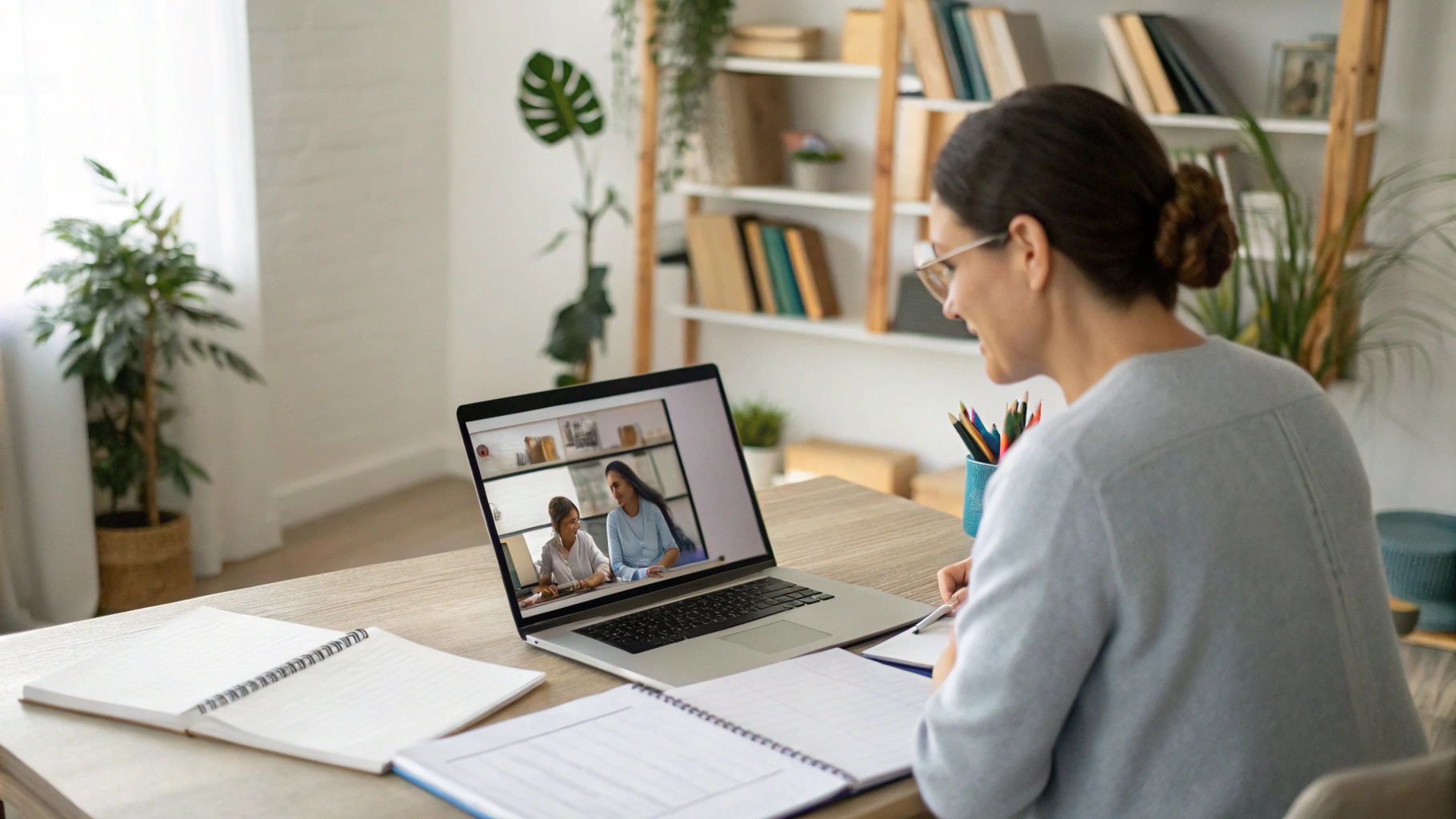 Учитель проверяет оценки на ноутбуке с большим экраном в домашнем рабочем уголке