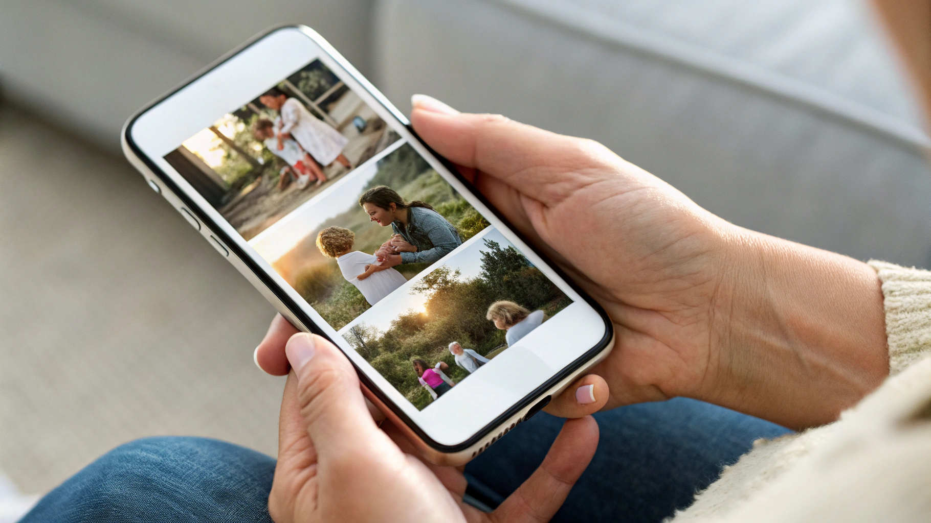 Руки держат iPhone с открытой общей семейной медиатекой и умными альбомами