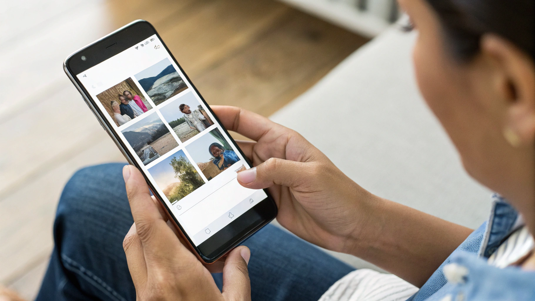 Пользователь на Android-смартфоне настраивает семейные альбомы и защищенную папку в Google Фото