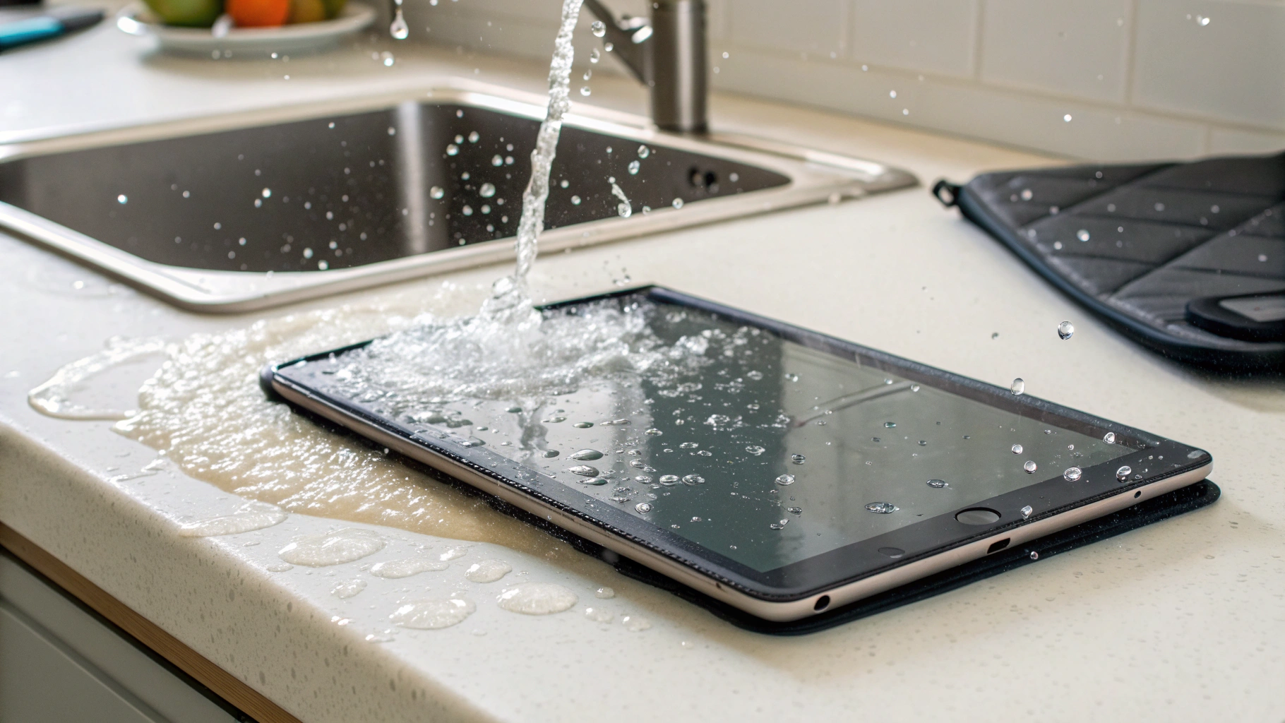 Планшет на кухонной столешнице в защитном чехле с каплями воды вокруг