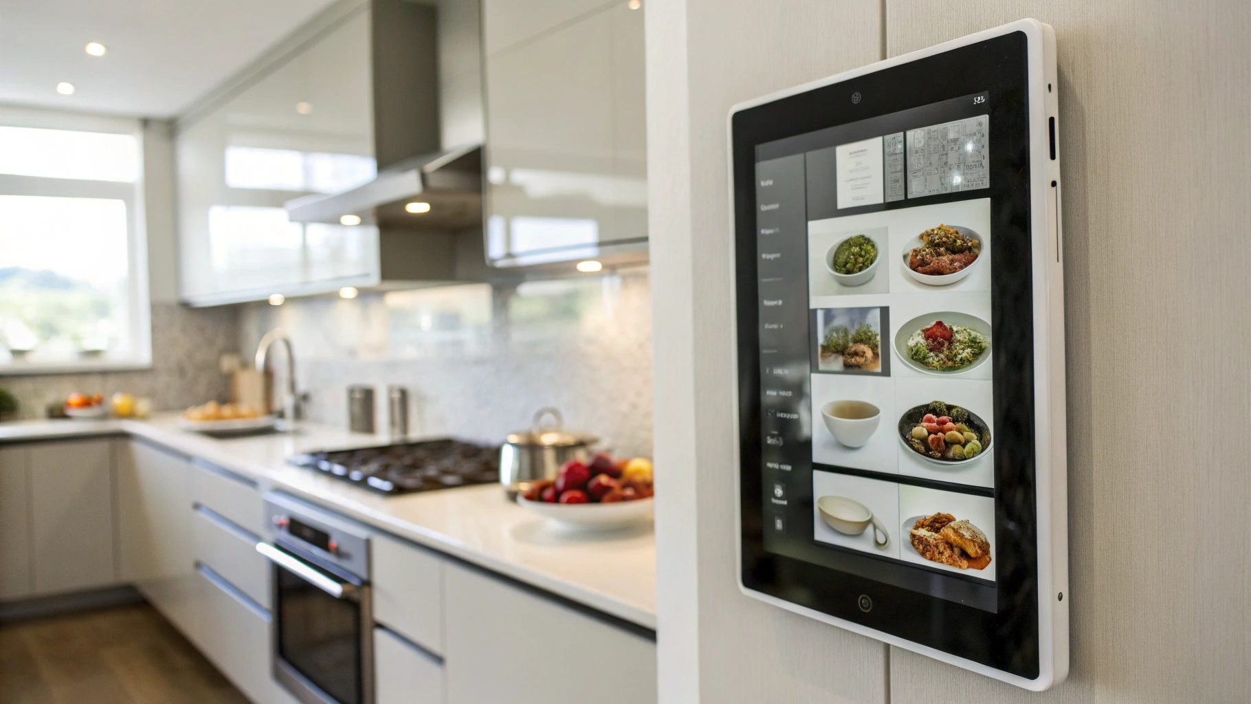 Планшет на настенном креплении на кухне с таймерами и рецептом на экране