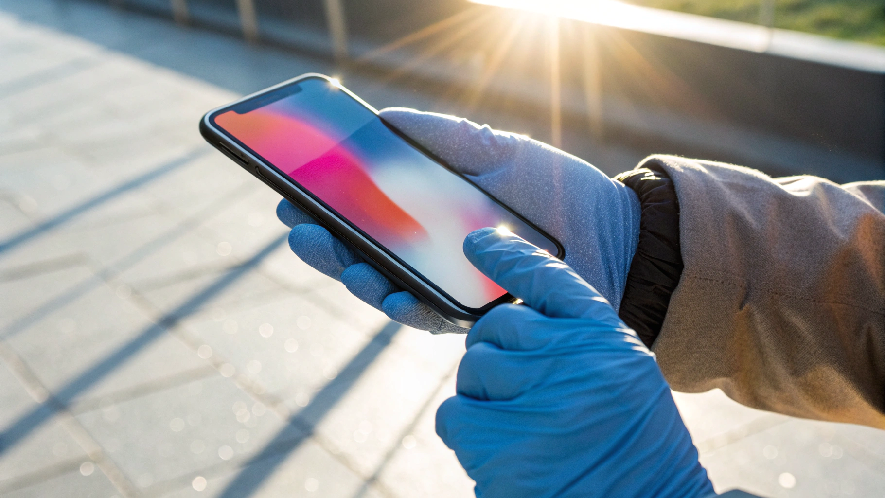 Смартфон в руке в перчатке с хорошо читаемым экраном на ярком солнце