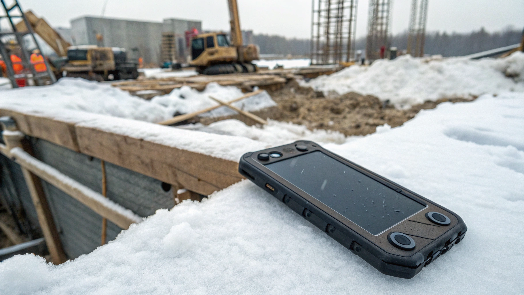 Защищённый смартфон в прочном корпусе на снегу на строительной площадке