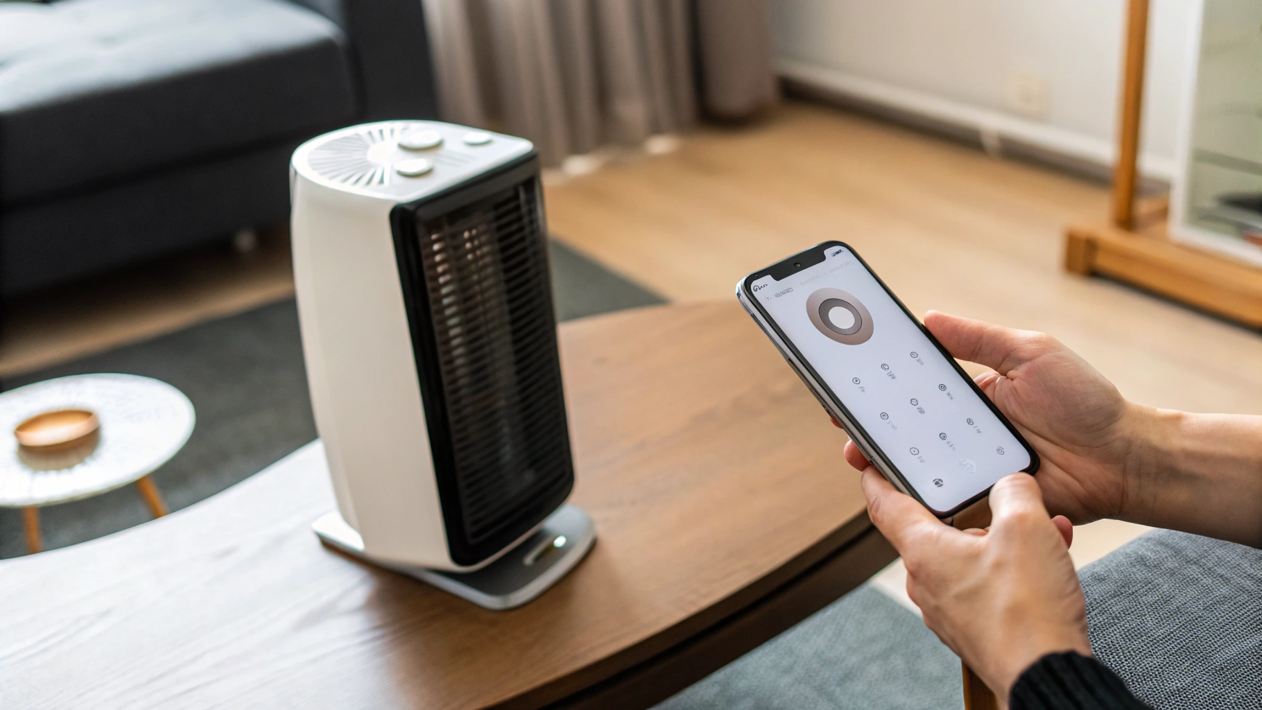 Смартфон с приложением-пультом рядом с электрическим обогревателем в комнате