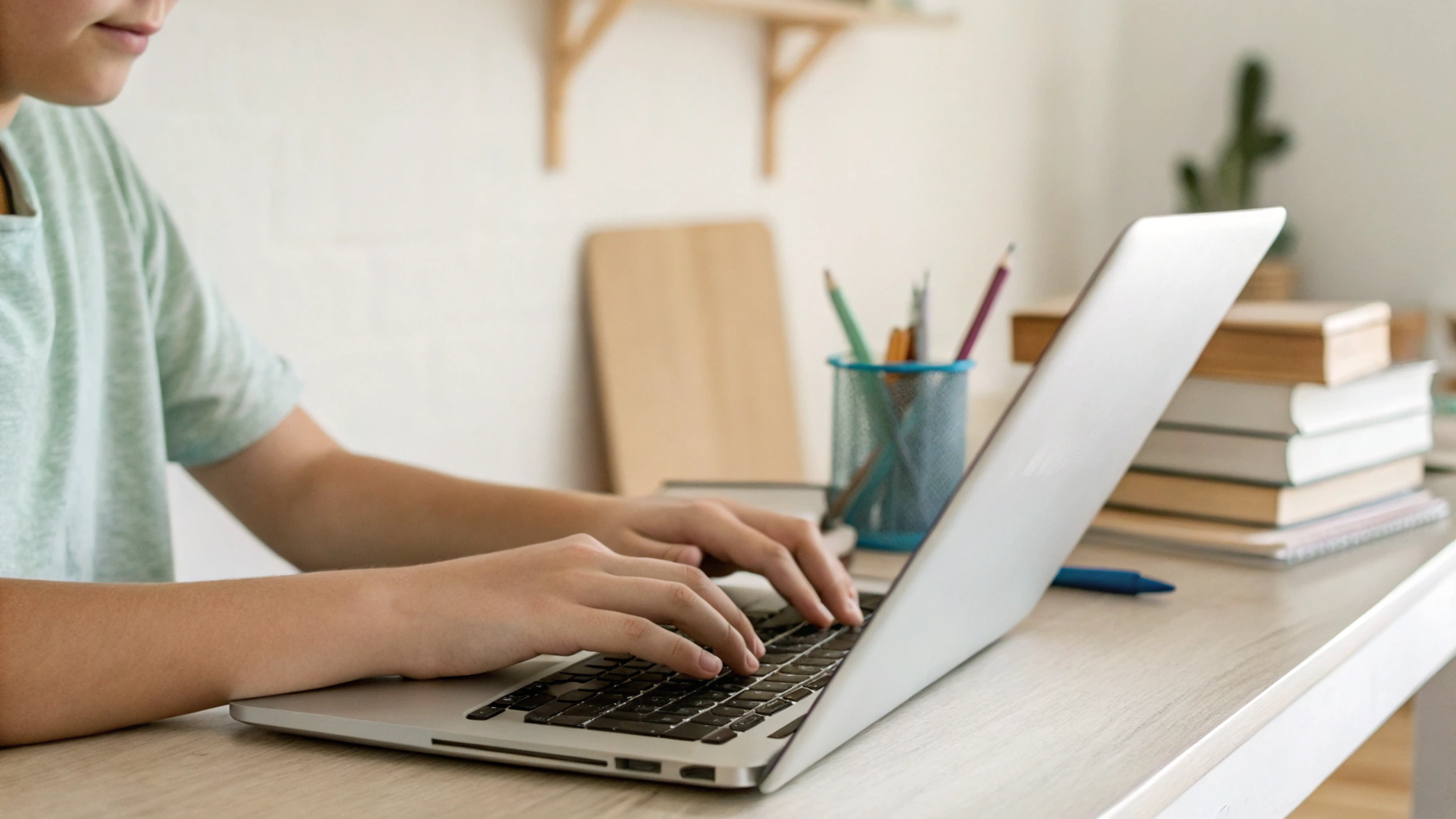 Руки школьника печатают на клавиатуре ноутбука на домашнем рабочем месте