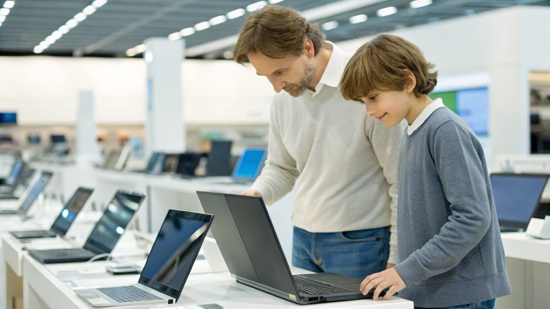 Родитель и подросток вместе выбирают ноутбук, сравнивая несколько моделей на столе
