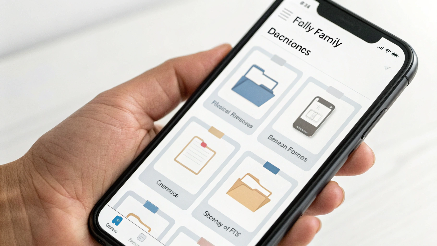 Цифровой архив семейных документов в виде папок и PDF на экране смартфона