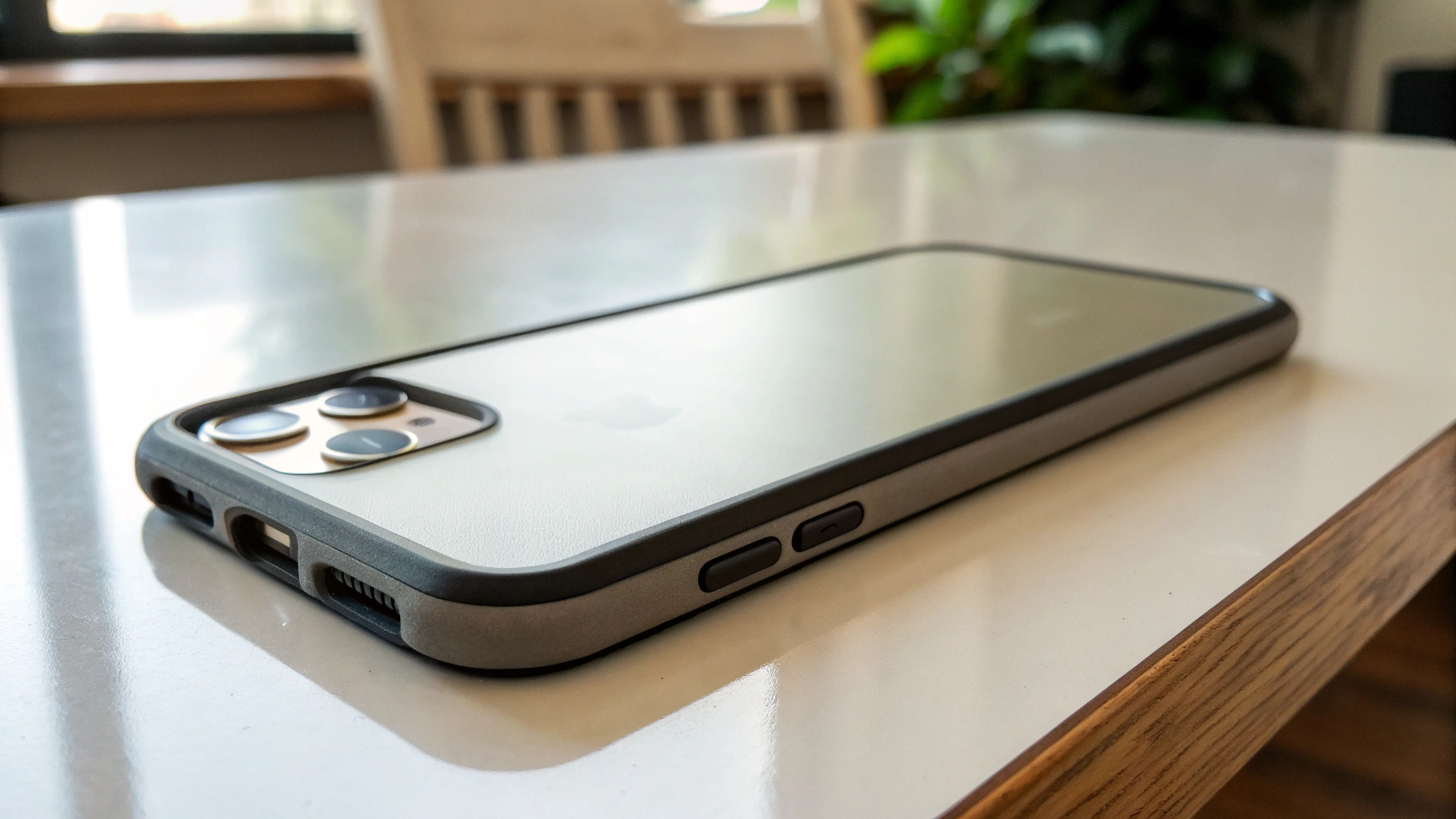 Смартфон на столе с чехлом и выступающими бортиками, защищающими экран