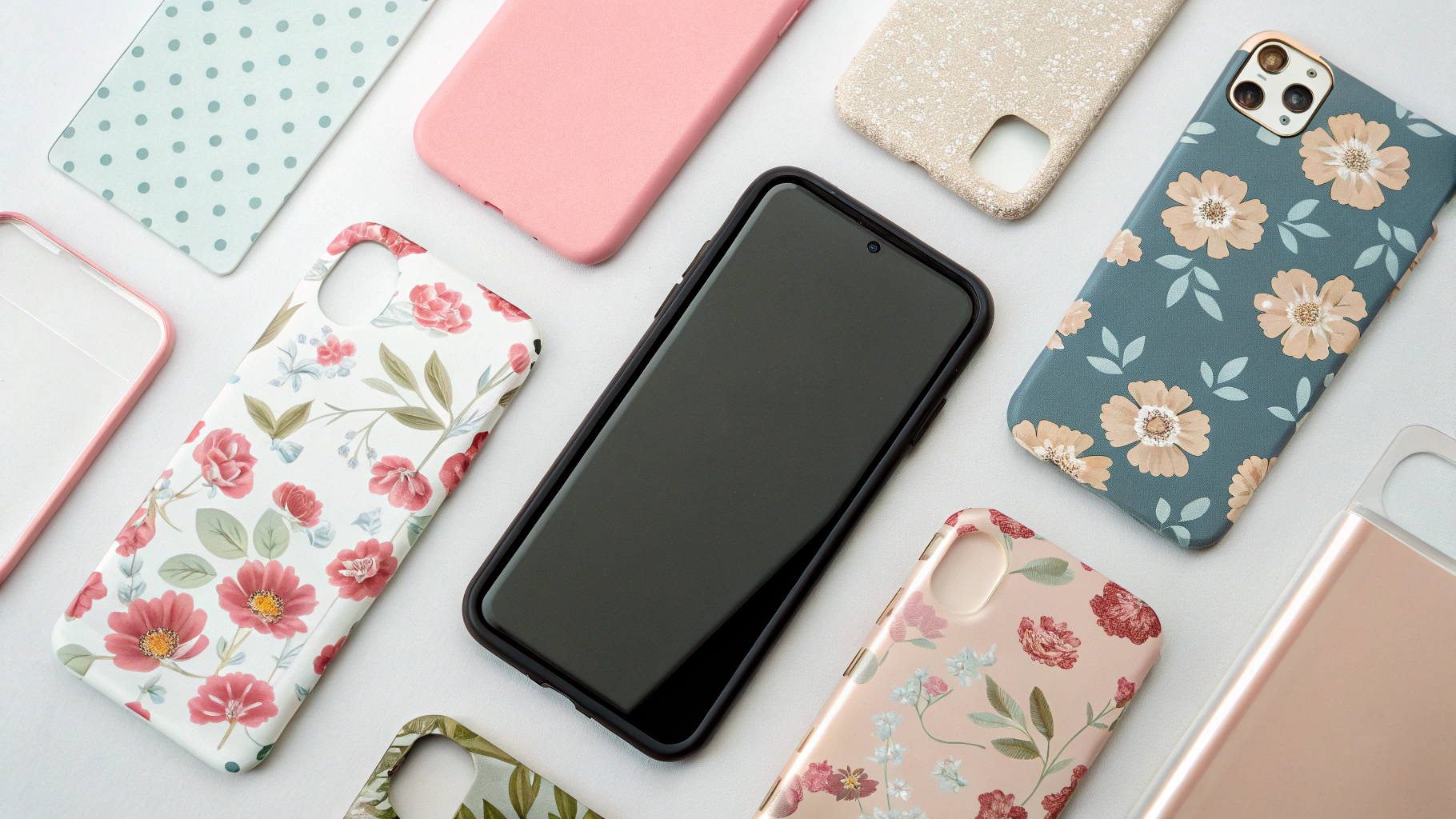 Разные чехлы и защитные стёкла, разложенные вокруг современного смартфона