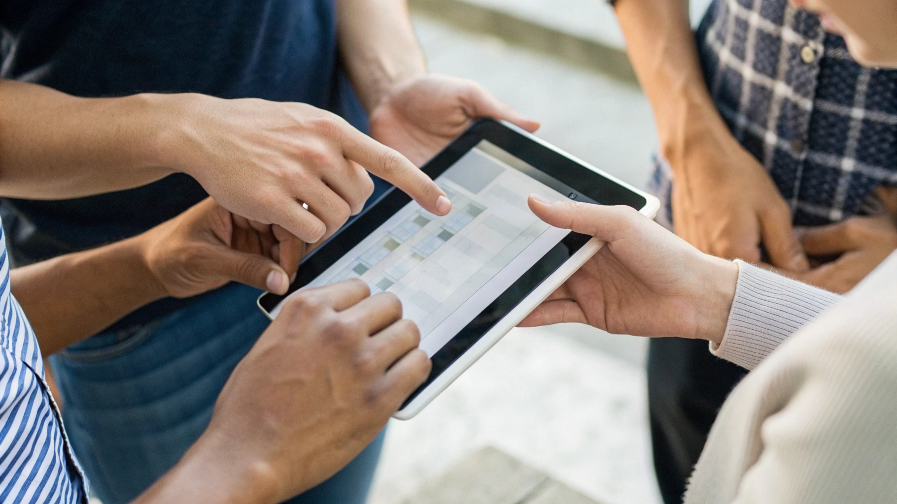 Руки нескольких человек вокруг планшета с интерфейсом викторины