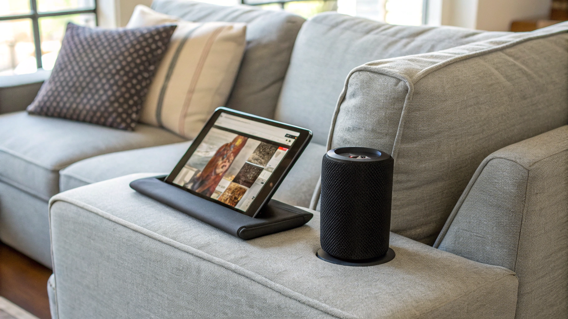 Планшет с запущенной игрой-викториной рядом с беспроводной колонкой на подлокотнике дивана