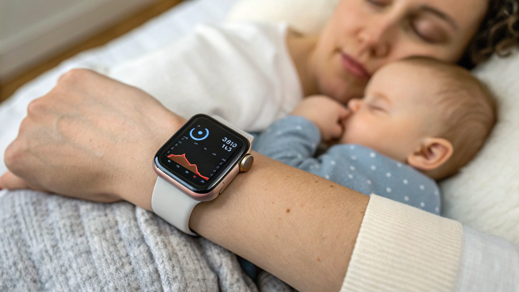 Смарт-часы на запястье родителя с графиками сна и стресса на фоне спящего малыша