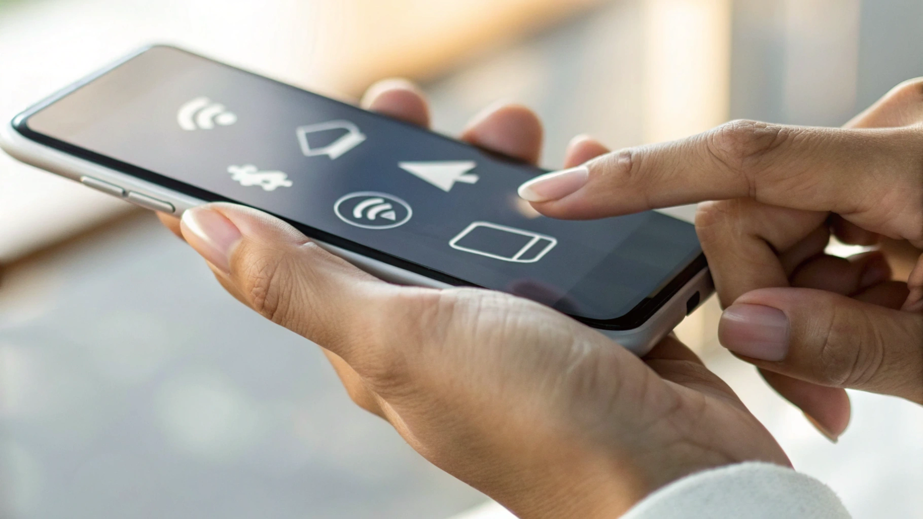 Смартфон в руках с открытым приложением банка и значком NFC для бесконтактной оплаты