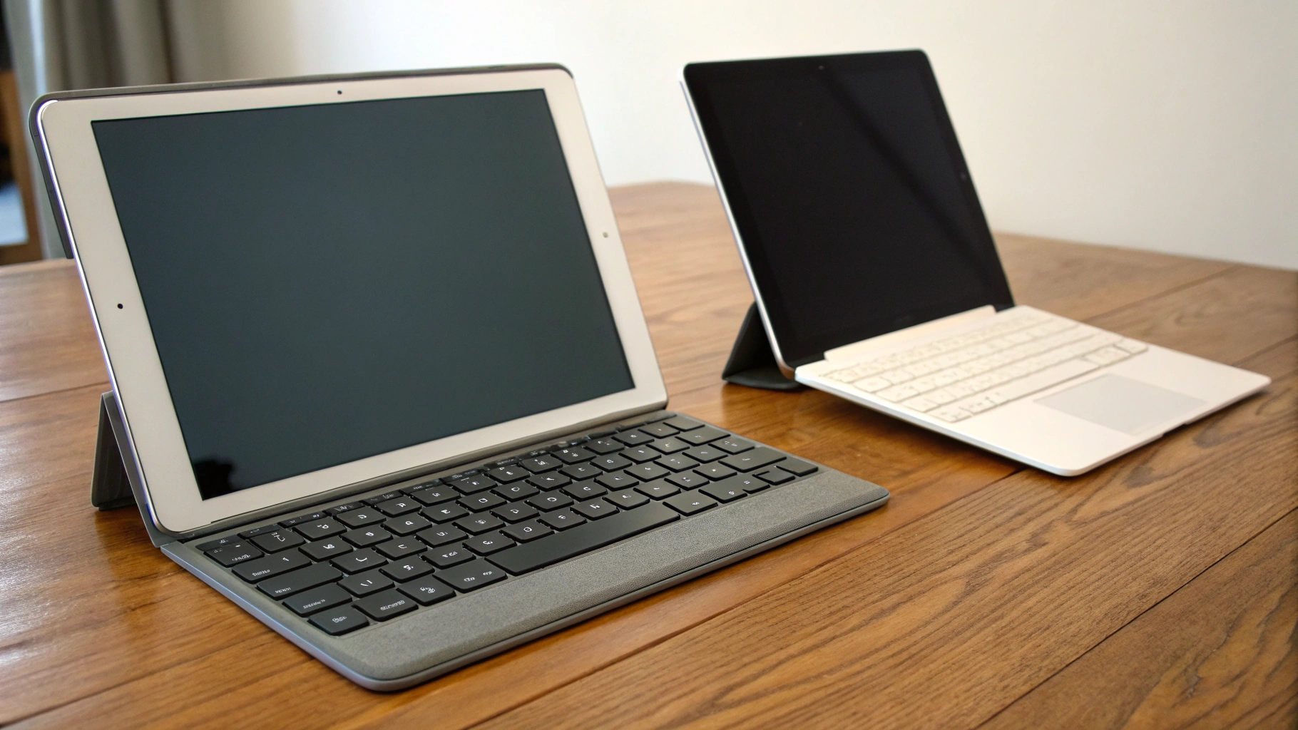 Планшет в чехле с клавиатурой и простой ноутбук лежат рядом на столе для сравнения