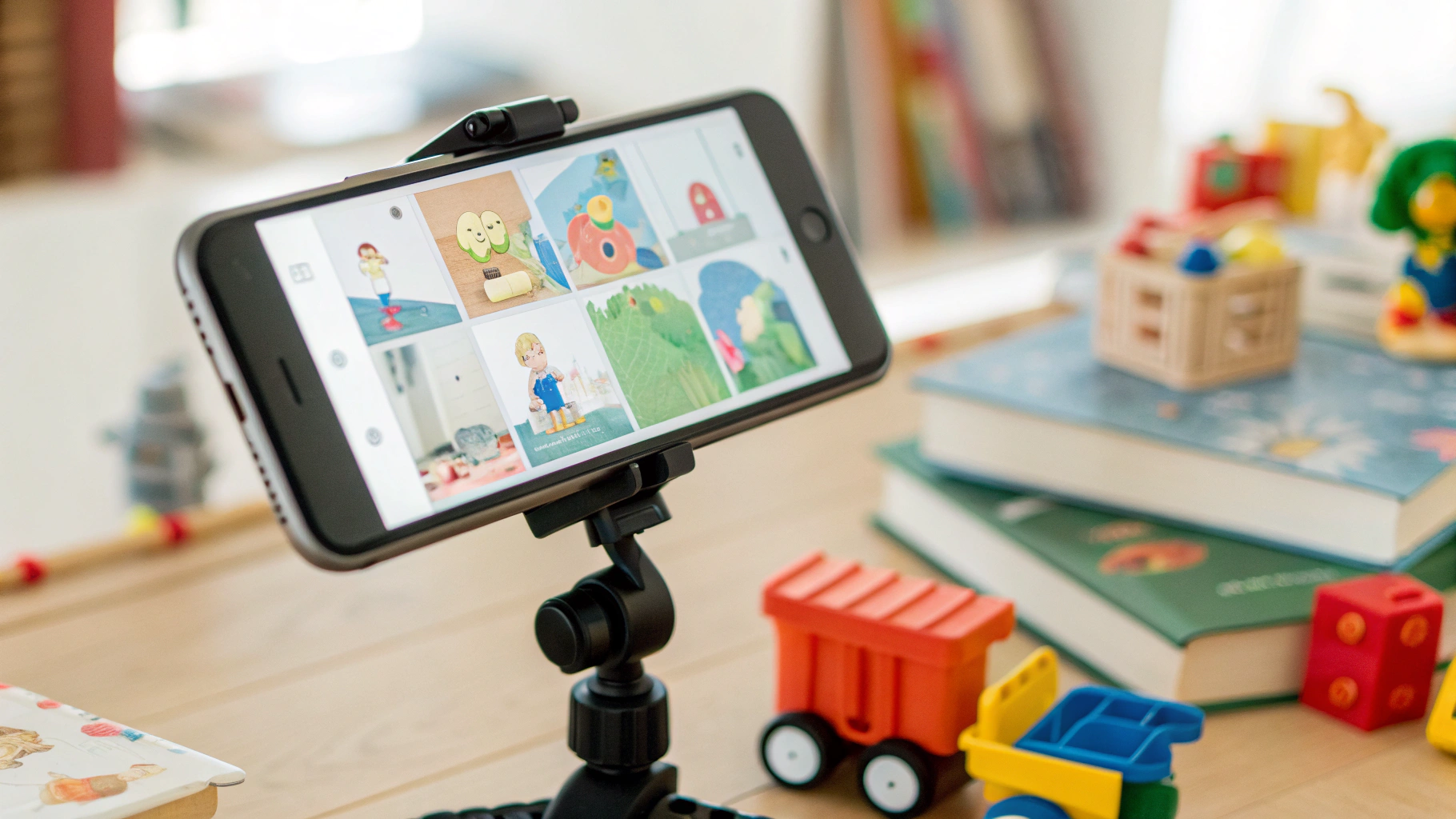 Смартфон на подставке с приложением аудиосказок на фоне детских игрушек и книг