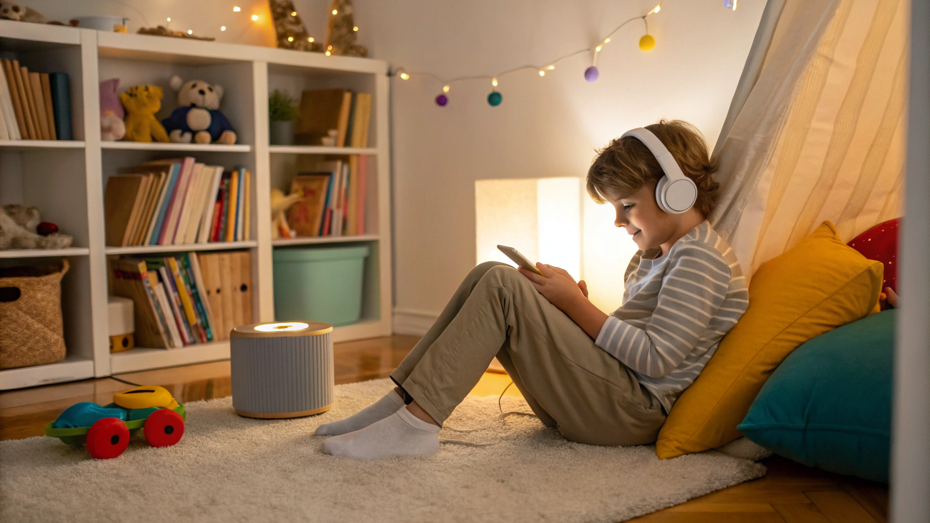 Ребёнок слушает аудиосказки со смартфона, подключенного к беспроводной колонке в детской