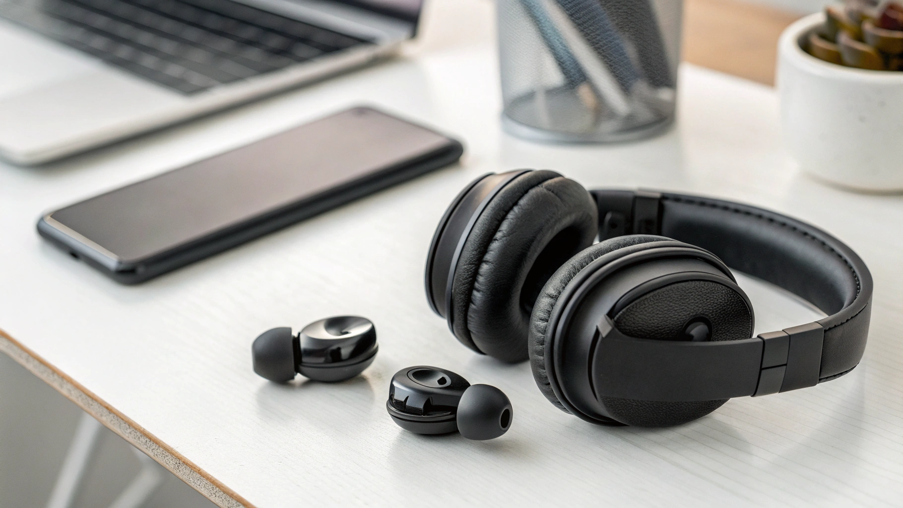 Беспроводные TWS-наушники и полноразмерные наушники на столе домашнего офиса