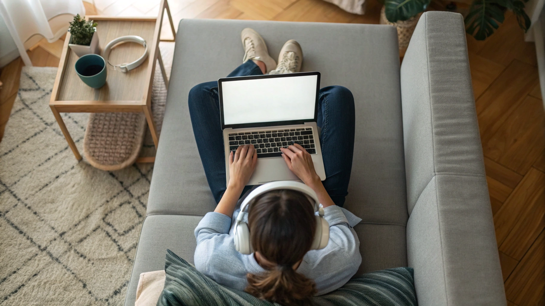 Человек с ноутбуком и беспроводными наушниками сидит на диване и работает из дома